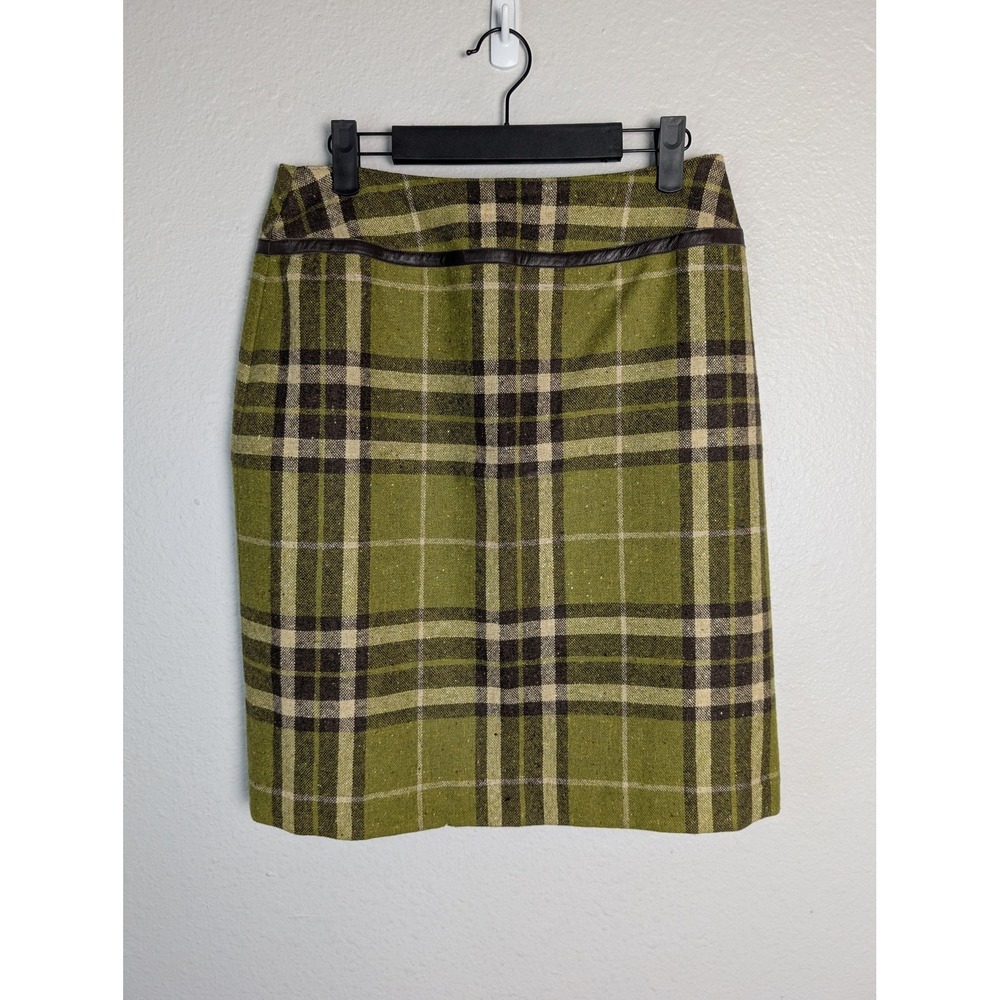 Reed Skirt Womens 8 Green Plaid Knee Length Straight Pencil Lined Leather Tweed